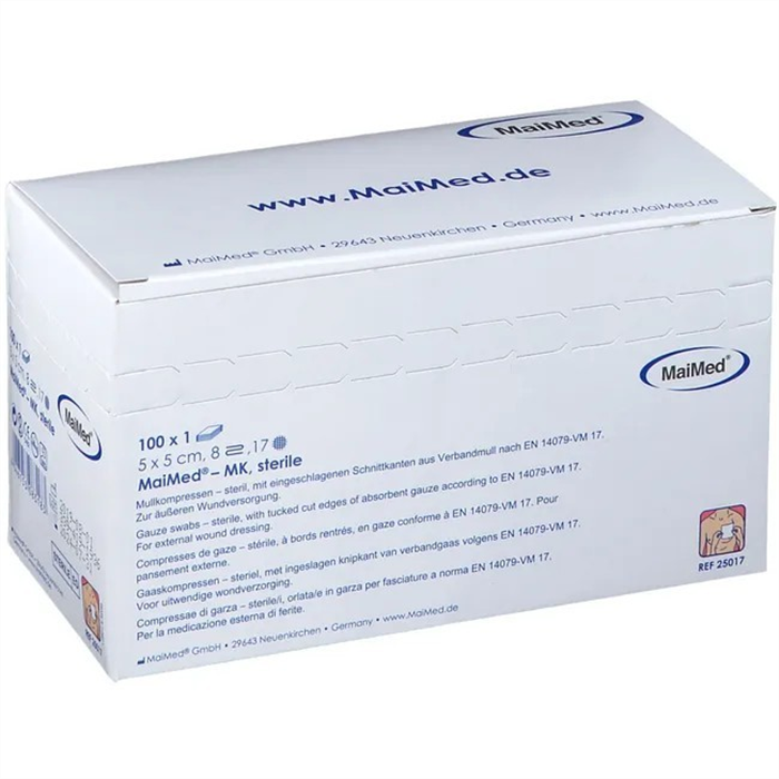 [00025017] Compresses de gaze MaiMed 5 x 5 cm, 8 plis, stériles, 100 pièces