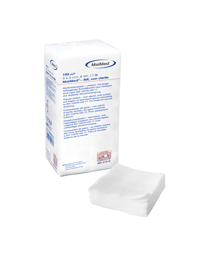 [00021010] Compresses de gaze MaiMed 5 x 5 cm, 8 plis, non stériles, 100 pièces / sachet papier