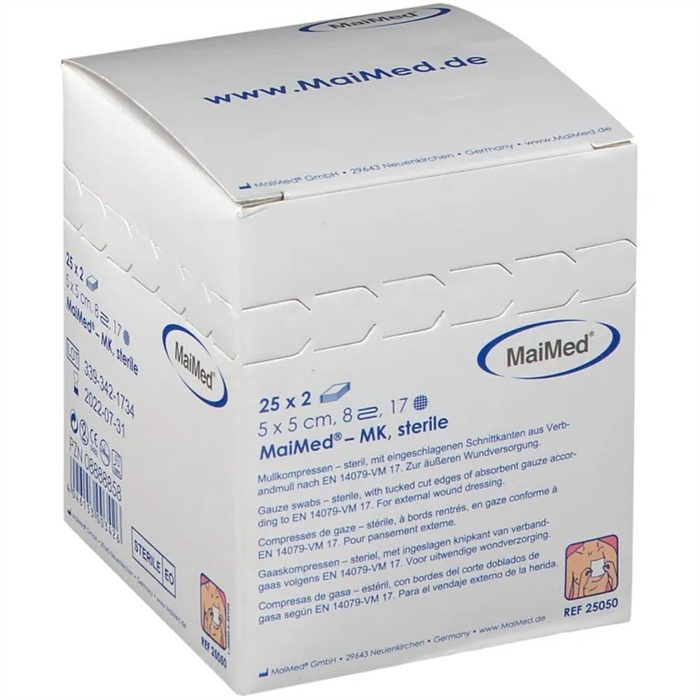 [00025050] Compresses de gaze MaiMed 5 x 5 cm, 8 plis_x000D_
stériles, 25 x 2 pièces