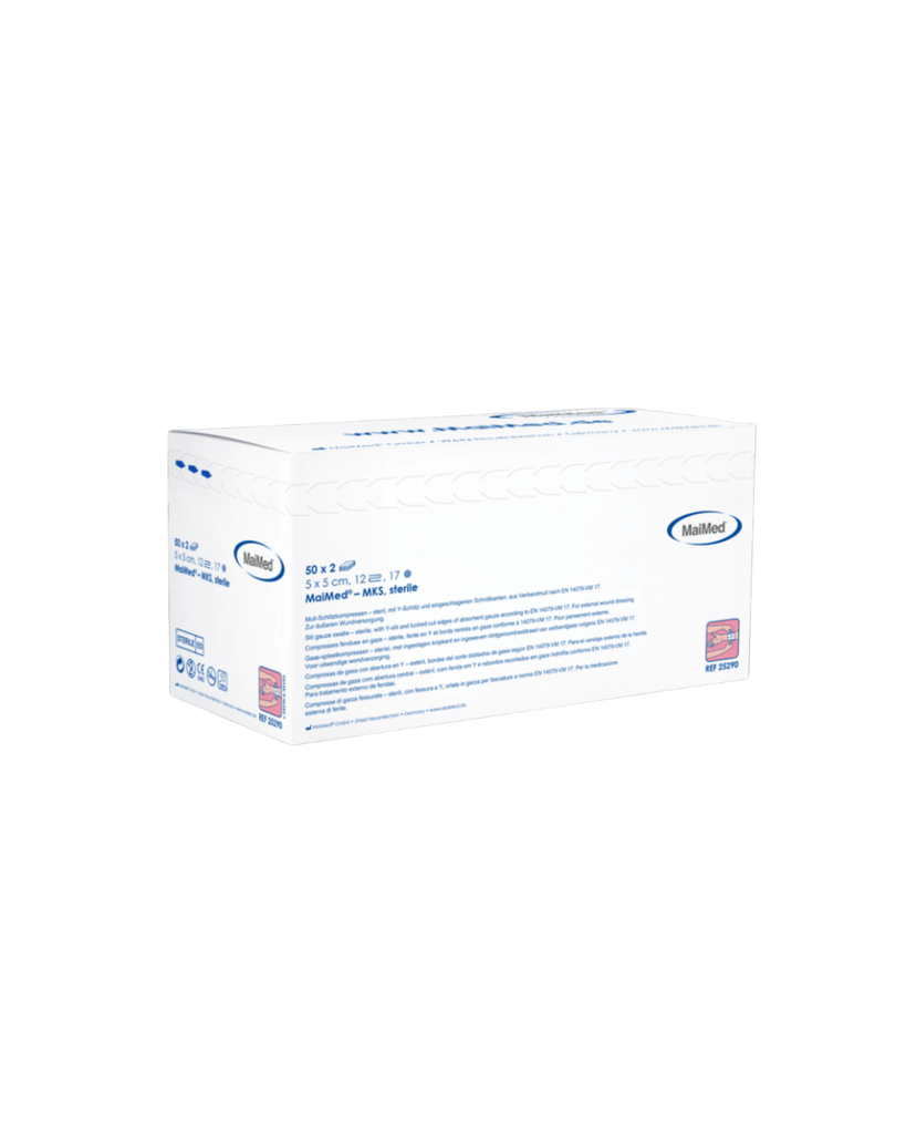 [00025300] MaiMed gauze slit swabs 7,5x7,5cm, 12-ply_x000D_
sterile by 50x2 pcs/box, with Y-slit