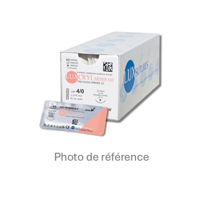 LUXCRYL MONOFAST – Fil de suture résorbable monofilament violet, 3/0, 75 cm, aiguille 19 mm (3/8 cercle), boîte de 12