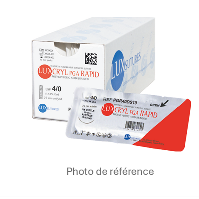 LUXCRYL PGA RAPID EP 1 USP 5/0 needle 3/8 cir rev cut 12 mm / 75 cm, 12 pièces