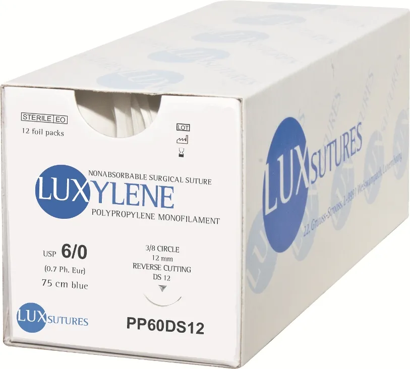 [PP50DS16] LUXYLENE - Polypropylène bleu, reverse cutting 3/8 cercle DS 16 - 16 mm - 5/0 45 cm bleu, 12 pièces