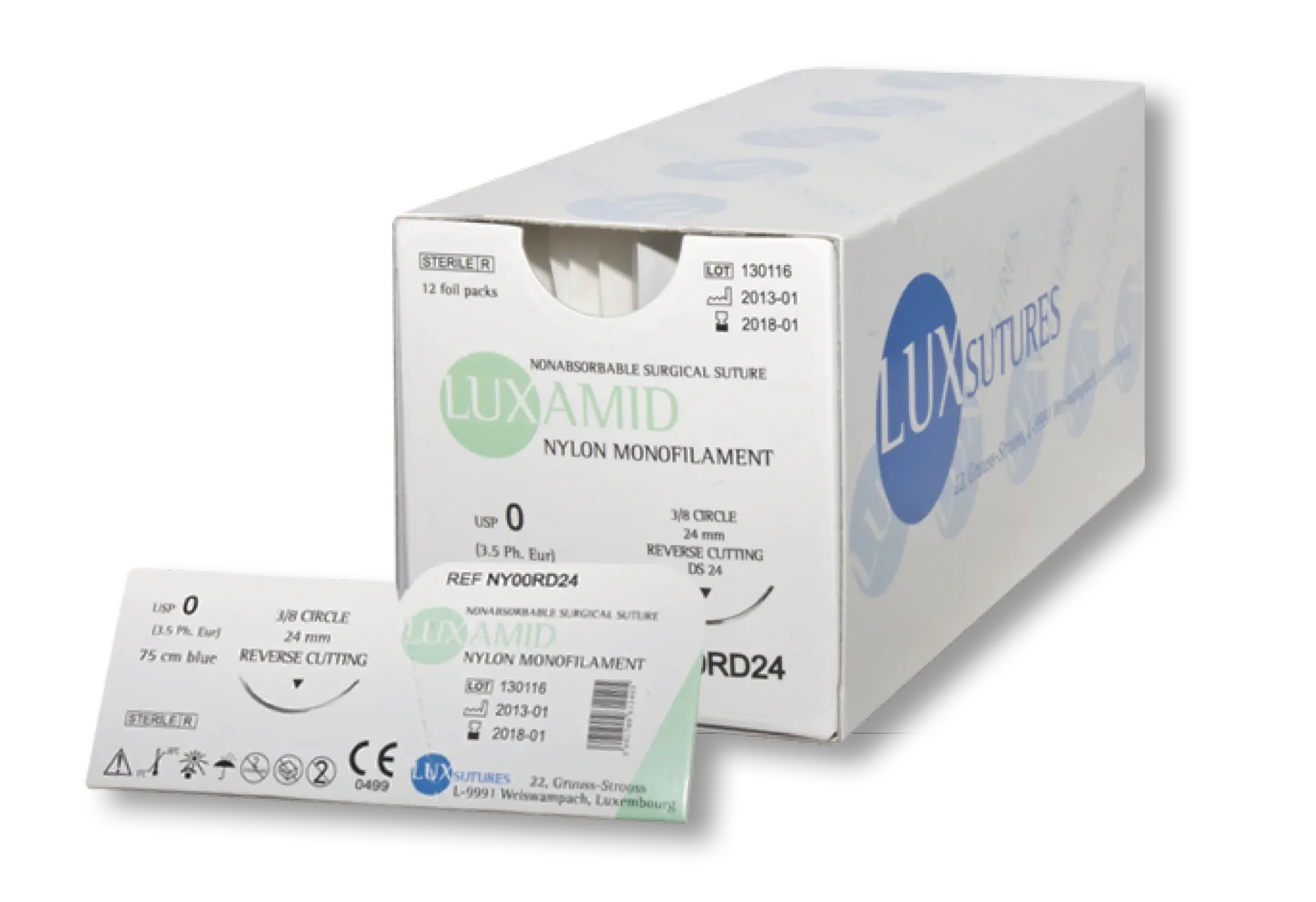 LUXAMID fil de suture nylon monofilament 75 cm EP 0.7 USP 6/0, aiguille 3/8 triangulaire inversée, 16 mm, boîte de 12