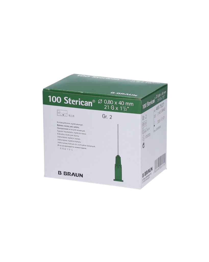 Sterican 0,8 x 40 mm, G21 x 1 1/2, biseau long, vert, carton de 100 pièces
