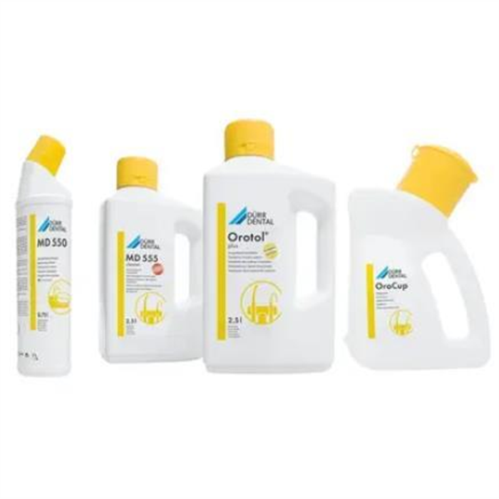 Orotol plus Désinfection des aspirations, Kit de base 2,5 litres Orotol Plus, bouteille de 2,5 litres MD 555 cleaner, 750 ml MD 550, 1 Orocup  CDS110P9950