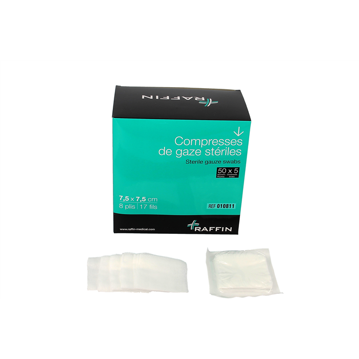 Compresse gaze 7,5x7,5 cm 8 plis 17 fils, stérile, 50 x 5 pièces