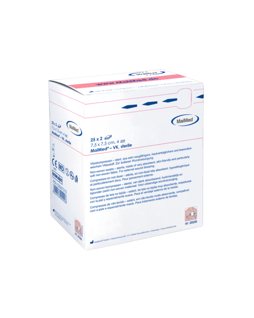Compresses non tissées MaiMed 7,5x7,5 cm 4 plis stériles 25x2 pcs/boîte